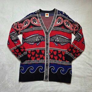 S Farm Rio Anthropologie navy mixed prints knit cardigan sweater Fish & Hearts 3
